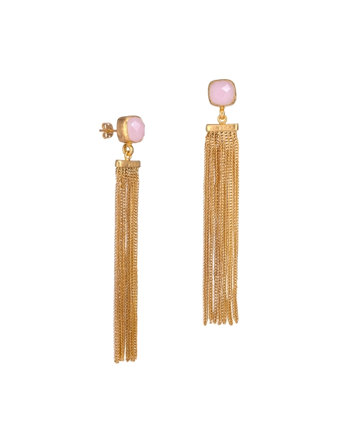 Goldplated long bronze earrings with rose quartz - 1