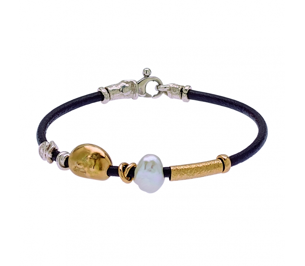 Leather bracelet with pearl and handmade gold and silver elements - 1