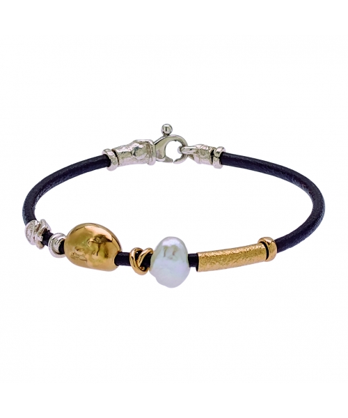 Leather bracelet with pearl and handmade gold and silver elements - 1