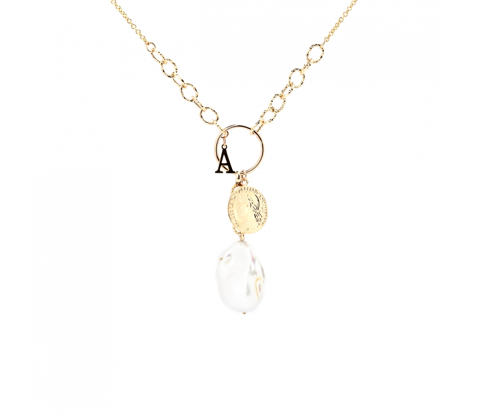 Gold necklace with baroque fireball pearl Seafood collection - 1