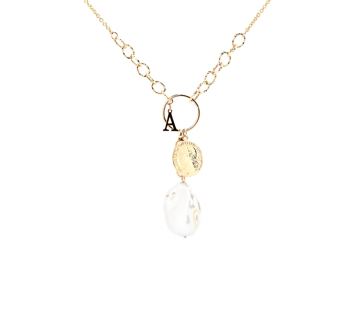 Gold necklace with baroque fireball pearl Seafood collection - 1