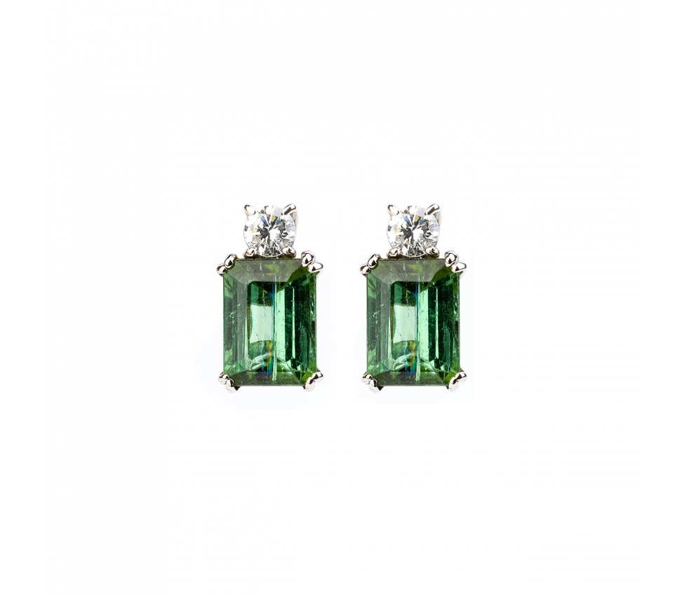 Gold stud earrings with diamonds and green tourmalines - 1