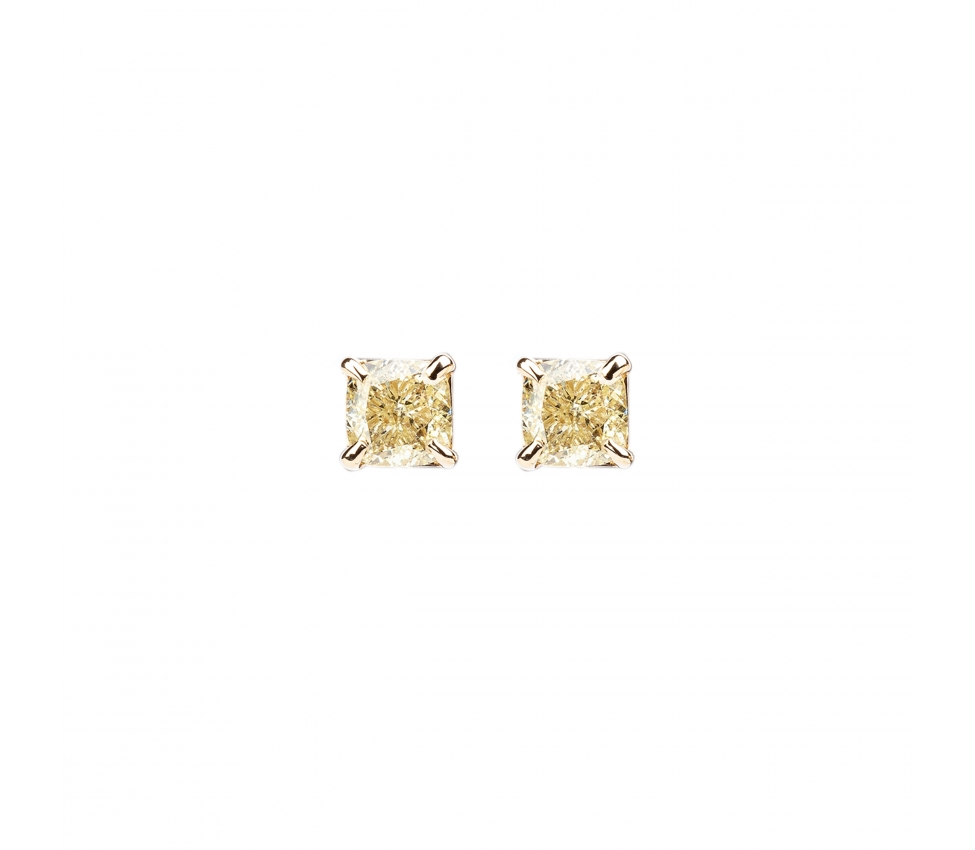 Gold stud earrings with cushion-cut champagne diamonds - 1