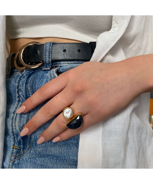 Goldplated bronze ring with pearl and lapis lazuli - 2