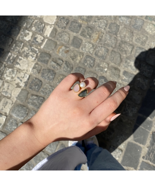 Goldplated bronze ring with pearl, labradorite and rose quartz - 2