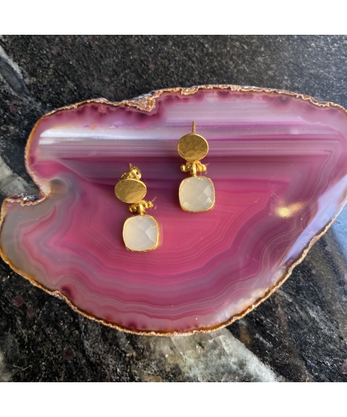 Goldplated long bronze earrings with chalcedony - 2