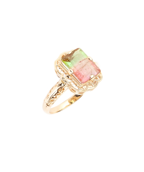 Gold ring with watermelon tourmaline in retro setting - 2