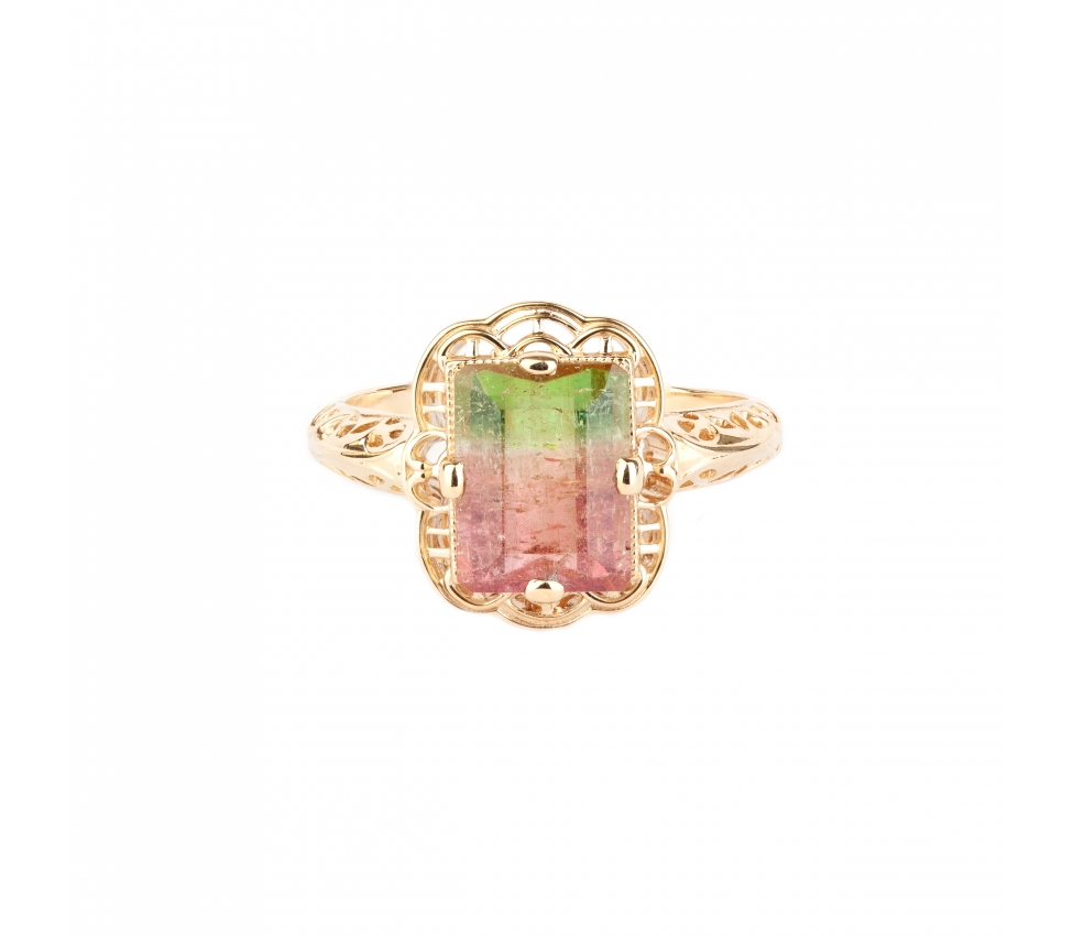 Gold ring with watermelon tourmaline in retro setting - 1