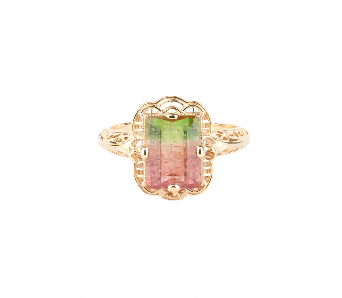 Gold ring with watermelon tourmaline in retro setting - 1