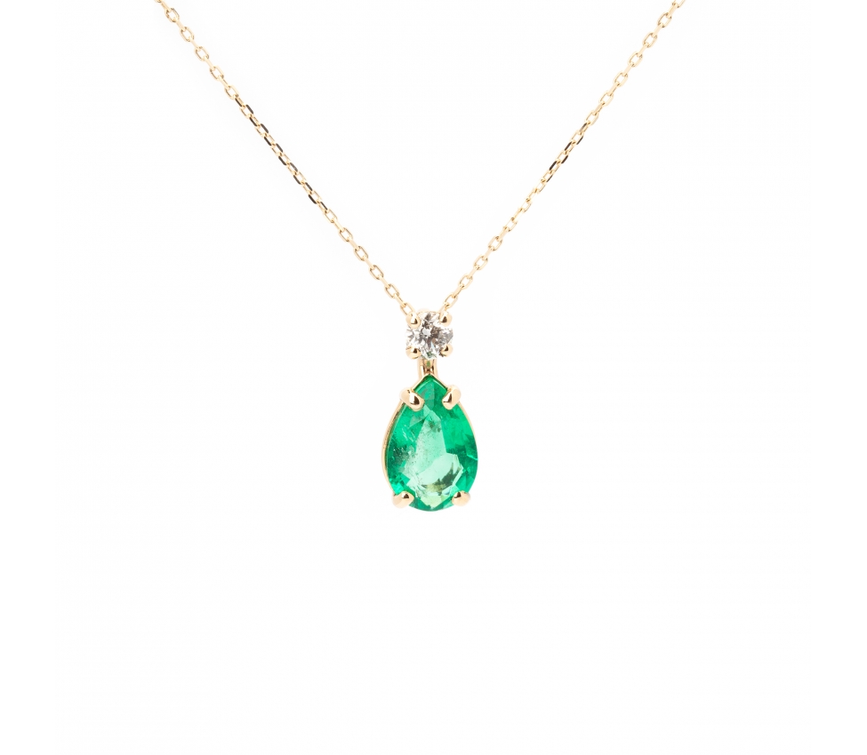 Gold pendant with a diamond and a Pear-cut emerald - 1