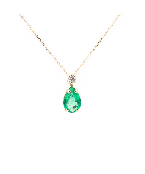 Gold pendant with a diamond and a Pear-cut emerald - 1