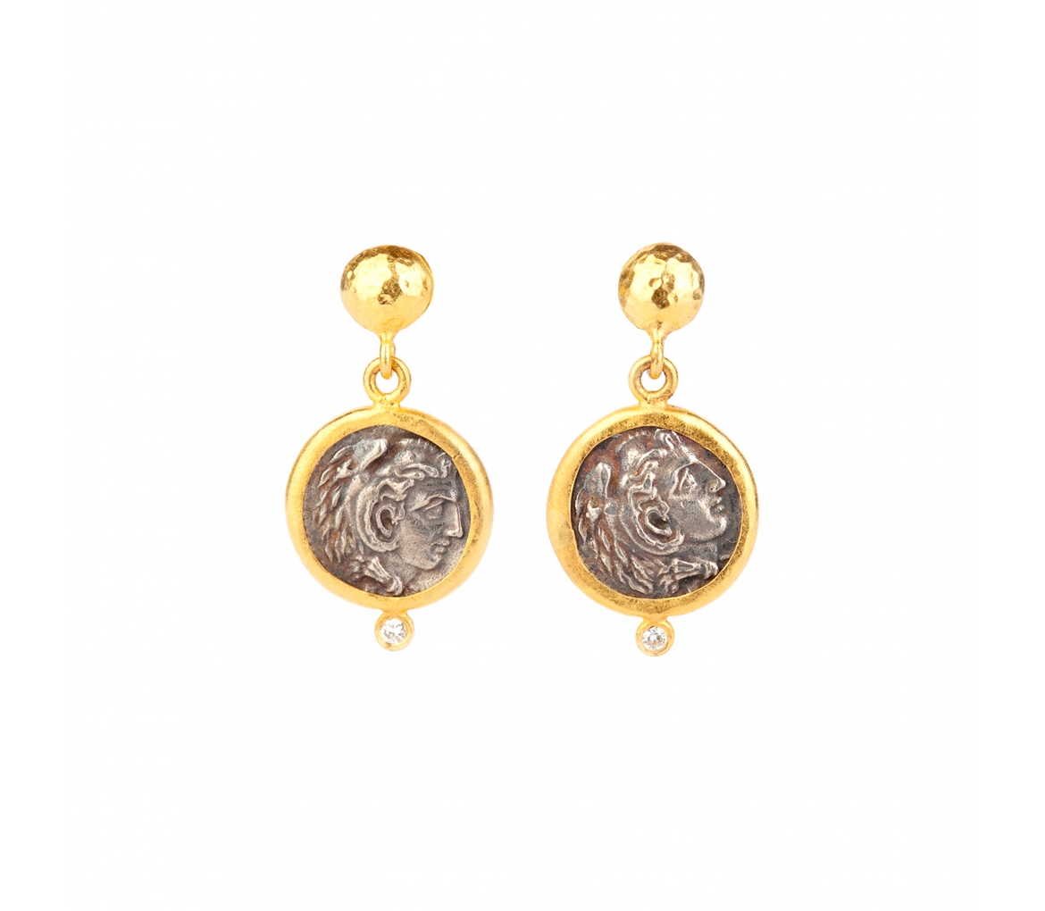 Gold and silver earrings with diamonds, Goddess Athena - 1