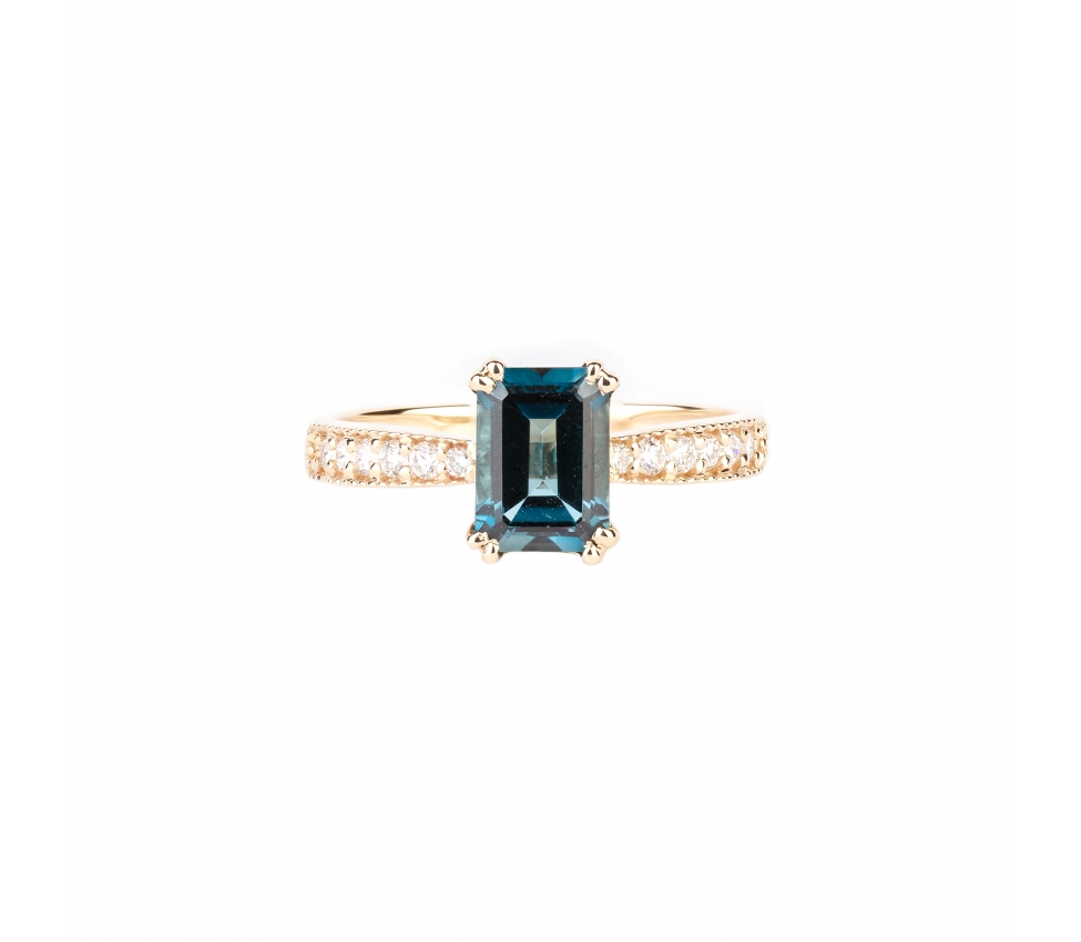 Gold ring with diamonds and London Blue topaz - 1