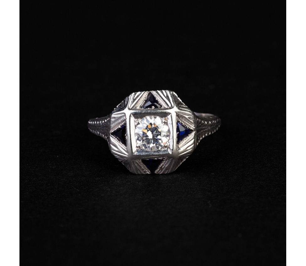 Gold ring with diamond and sapphires, Art Deco - 1