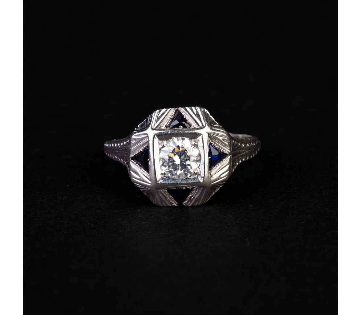 Gold ring with diamond and sapphires, Art Deco - 1