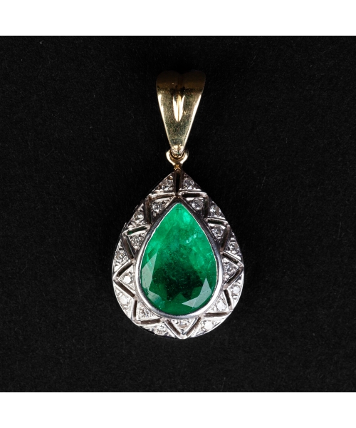 Gold vintage pendant with diamonds and emeralds, Art Deco stylized - 1