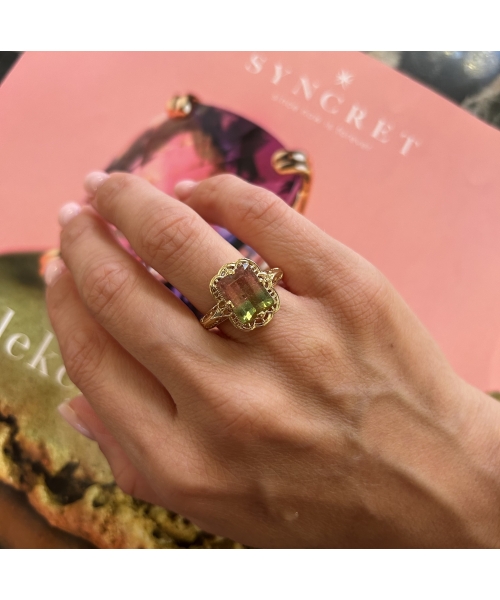 Gold ring with watermelon tourmaline in retro setting - 2