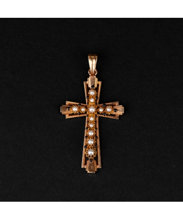 Gold cross pendant with pearls and black enamel, Art Deco, Paris - 1