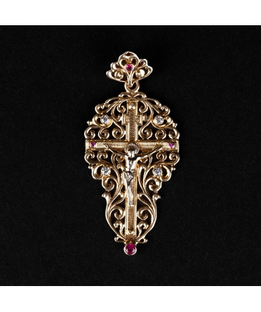 Gold openwork Orthodox cross "Спаси и сохрани" pendant with diamonds and rubies, vintage - 1