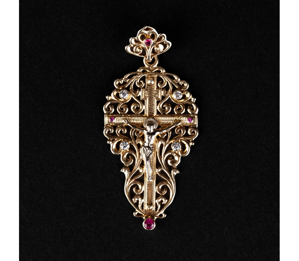 Gold openwork Orthodox cross "Спаси и сохрани" pendant with diamonds and rubies, vintage - 1