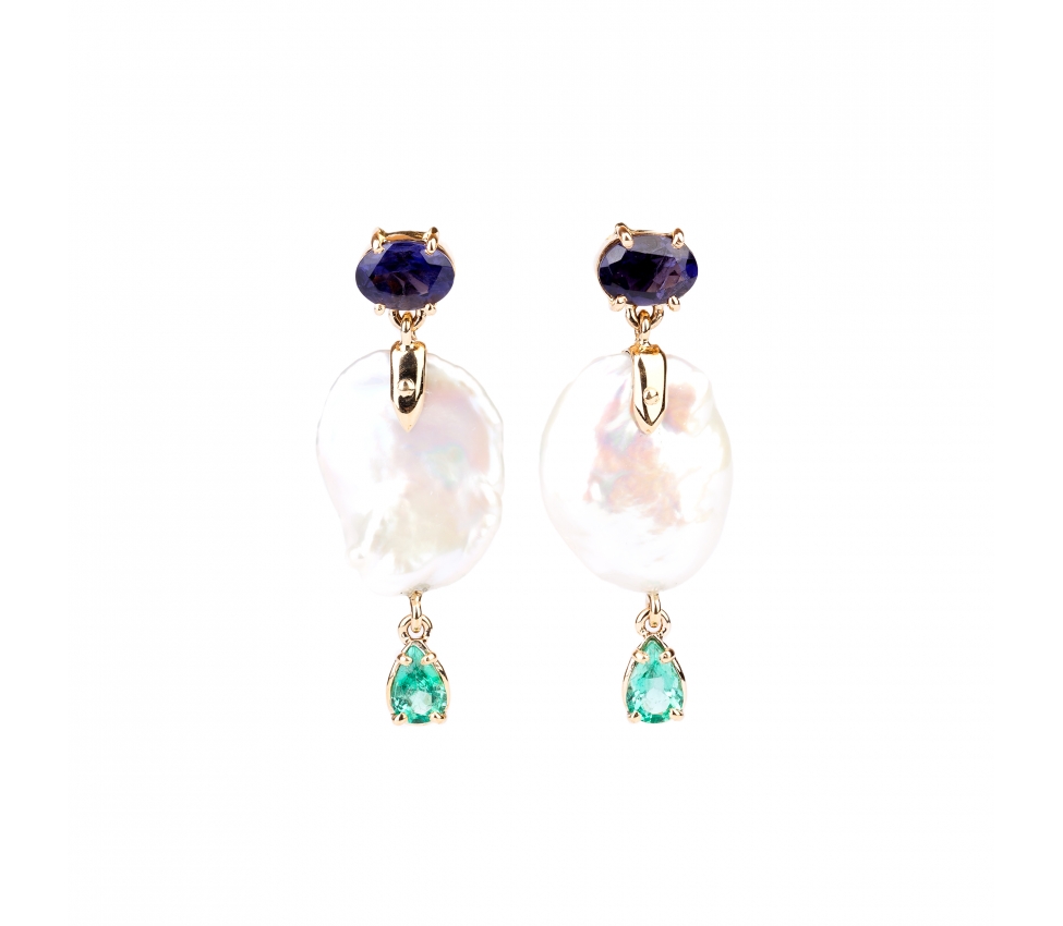 Gold earrings with fireball pearls, iolites and emeralds - 1