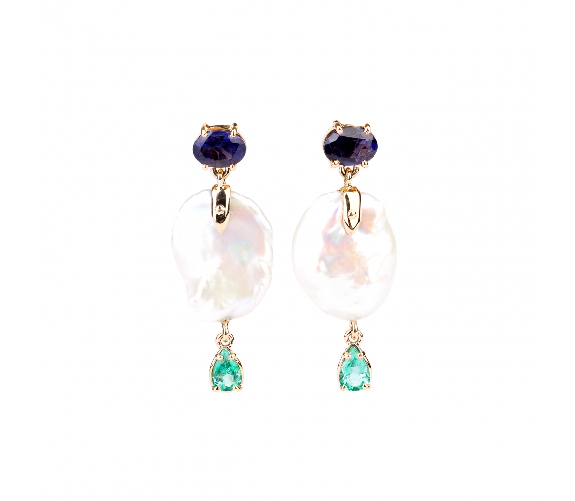 Gold earrings with fireball pearls, iolites and emeralds - 1