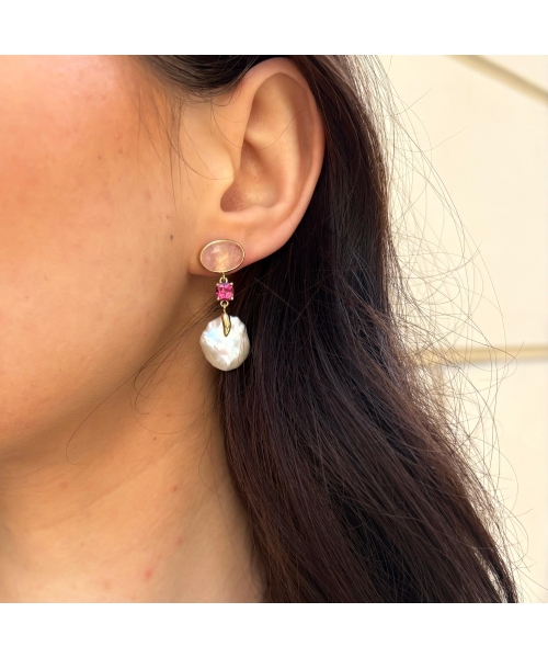 Gold earrings with fireball pearls, pink topaz and morganites - 2