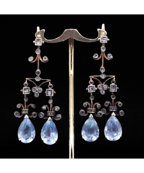 Gold earrings with Sky Blue topaz and rose-cut diamonds, first half of the 20th century - 1