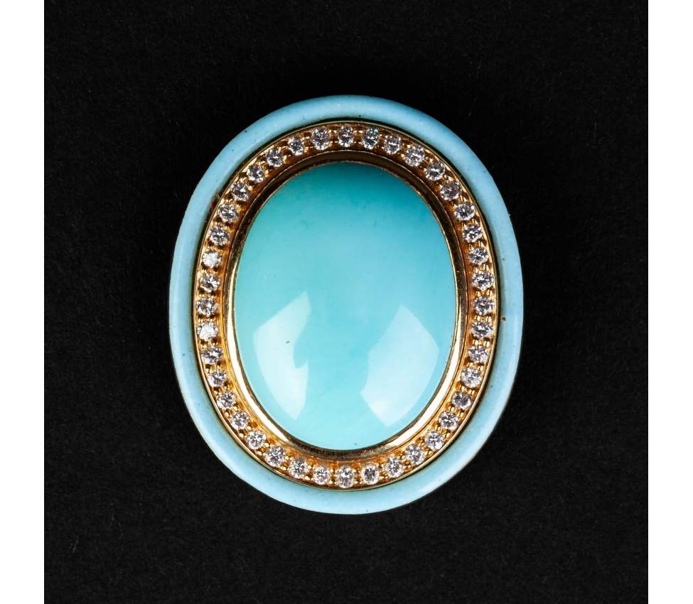 Gold brooch pendant with turquoise, enamel and vintage diamonds - 1