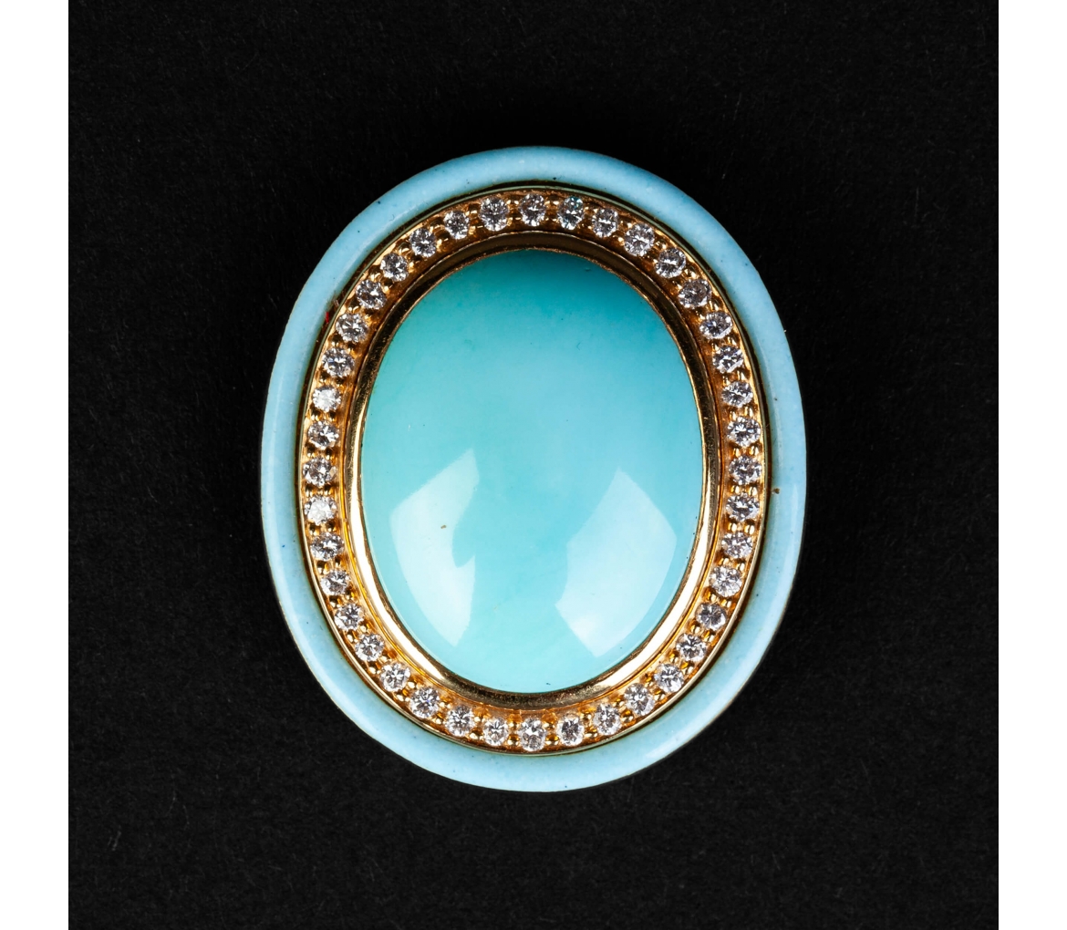 Gold brooch pendant with turquoise, enamel and vintage diamonds - 1