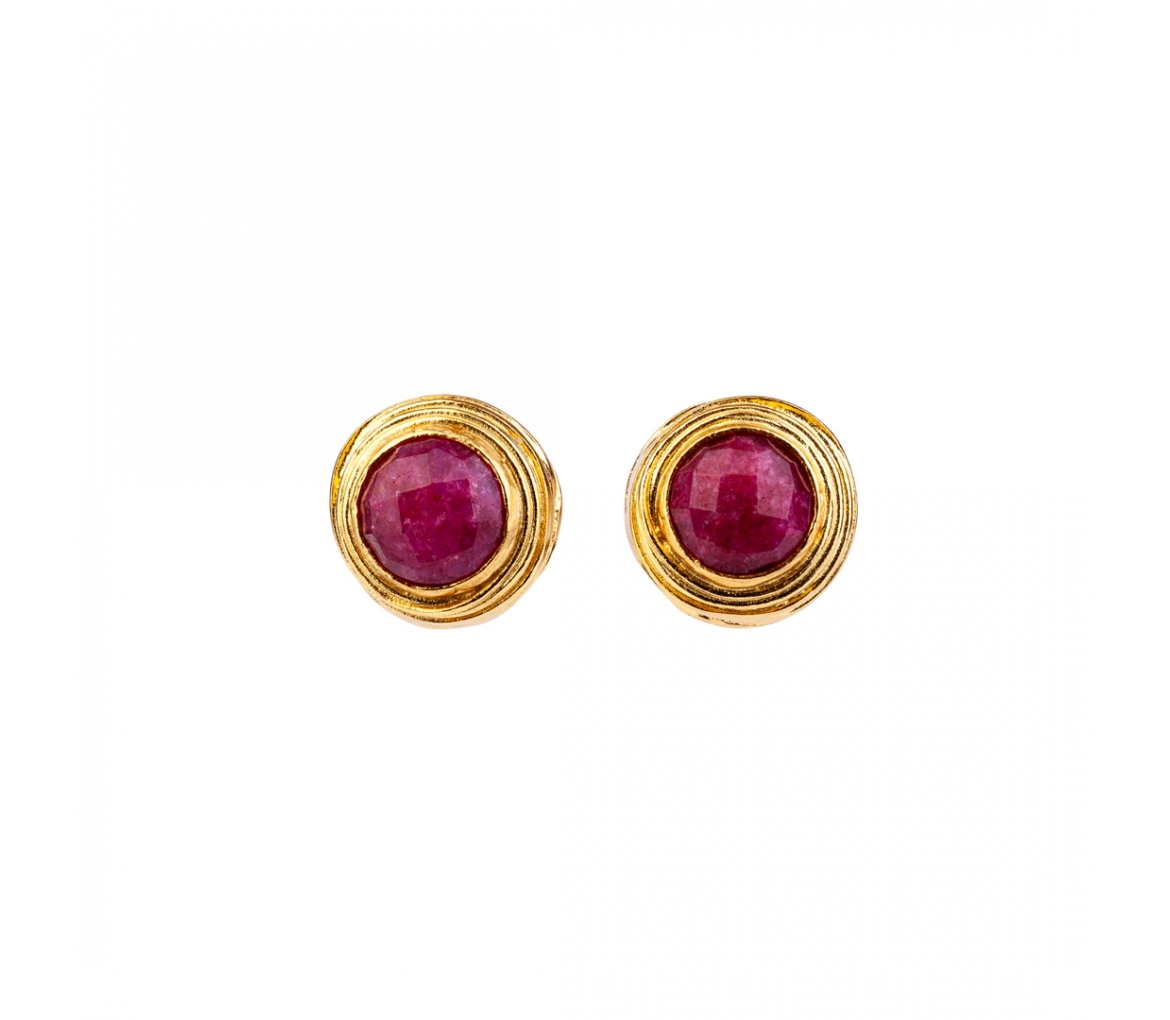 Goldplated bronze earrings with red jade - 1