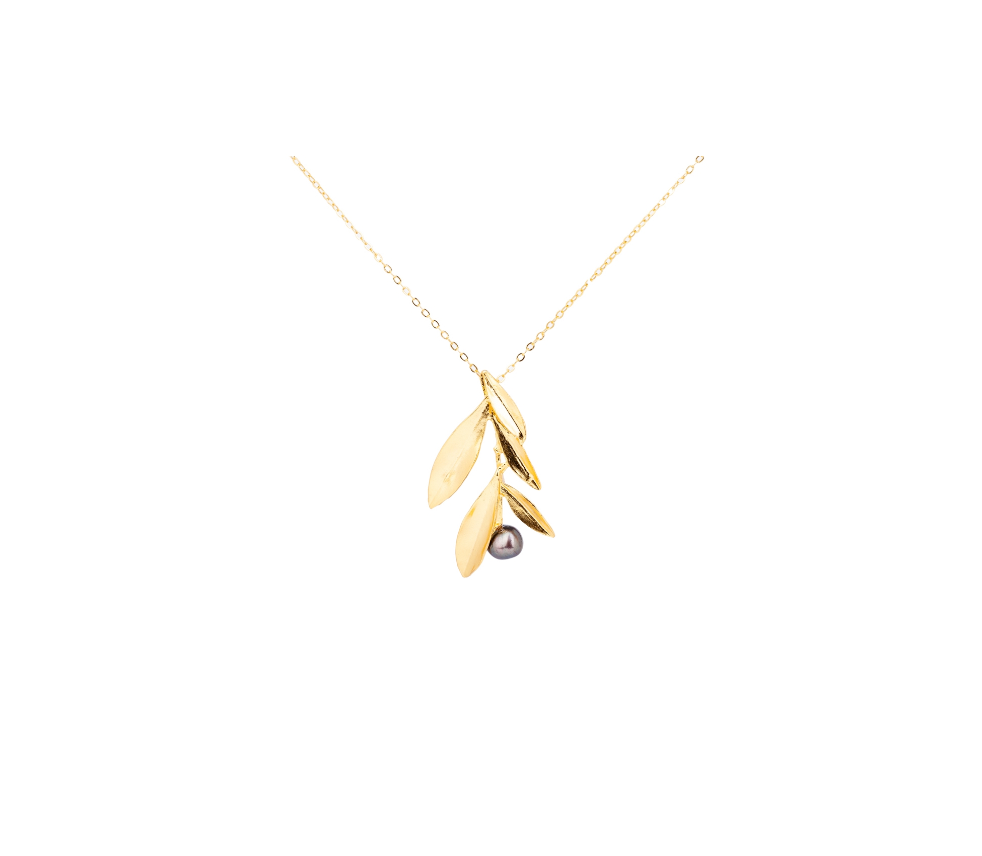 Goldplated bronze olive branch necklace with dark pearl - 1 Goldplated bronze olive branch necklace with dark pearl - 1