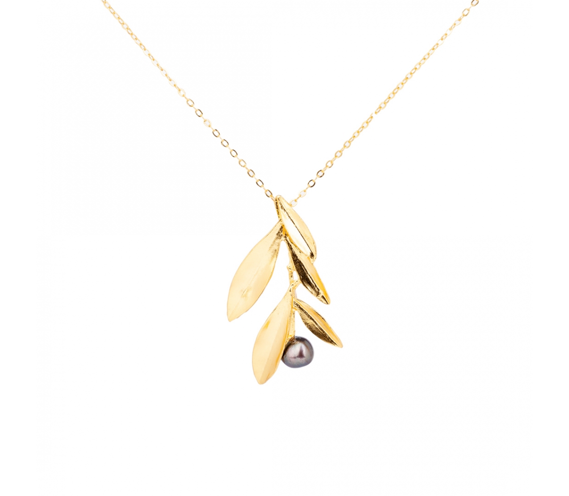 Goldplated bronze olive branch necklace with dark pearl - 1