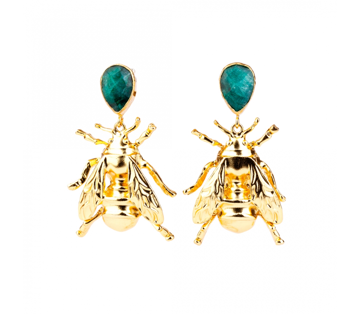 Goldplated bee bronze earrings with emerald - 1