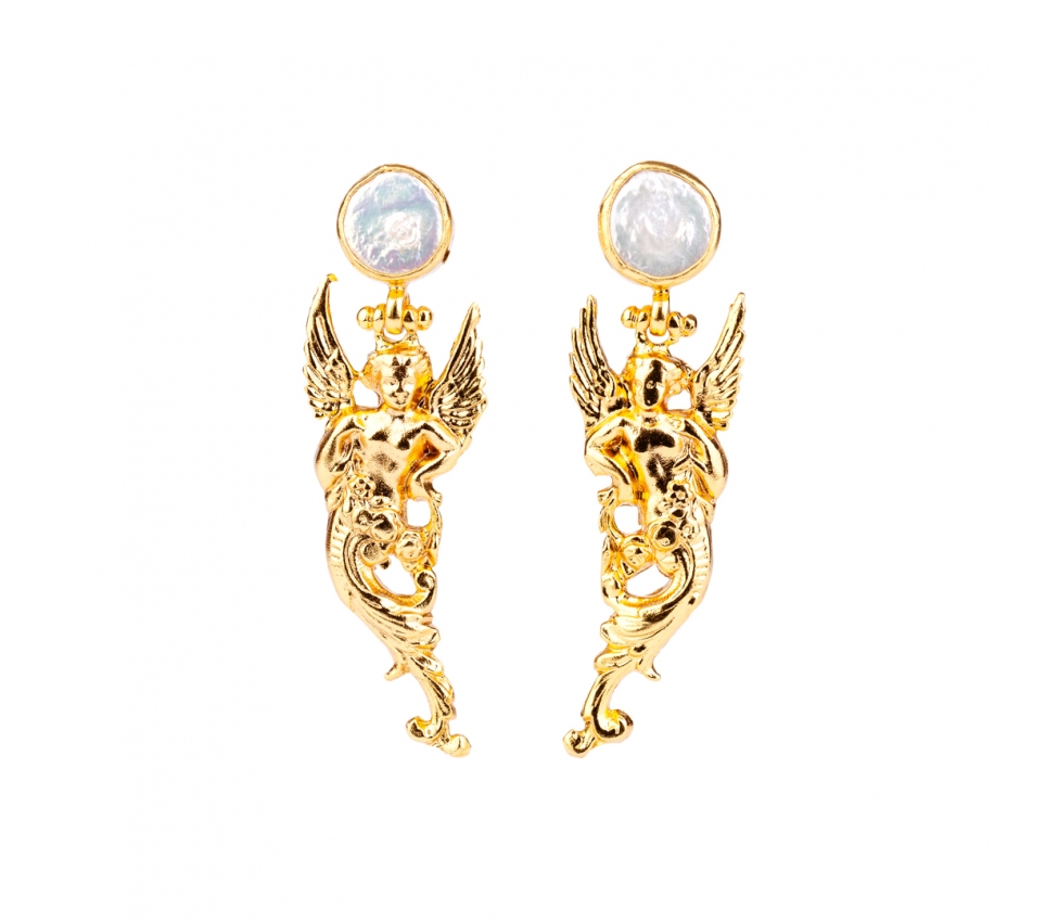 Goldplated bronze angel earrings with pearl - 1