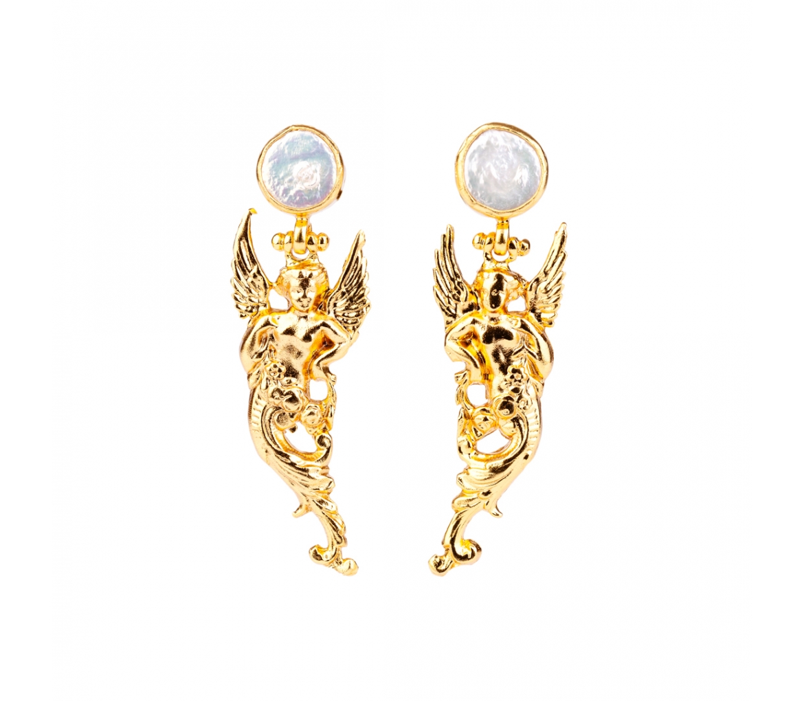 Goldplated bronze angel earrings with pearl - 1