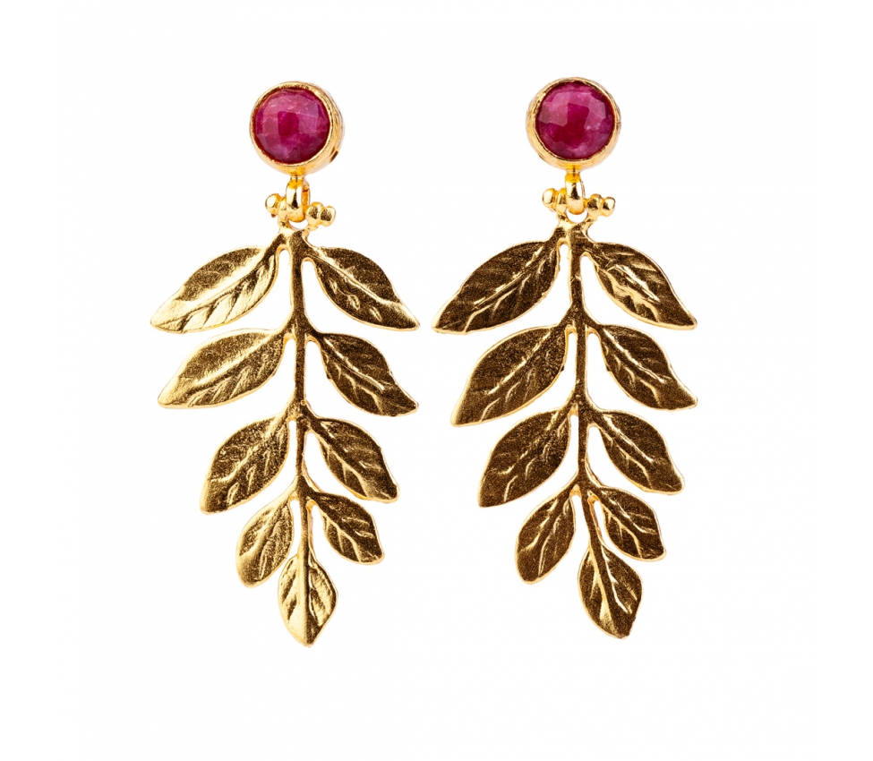 Goldplated bronze twig earrings with red jade - 1