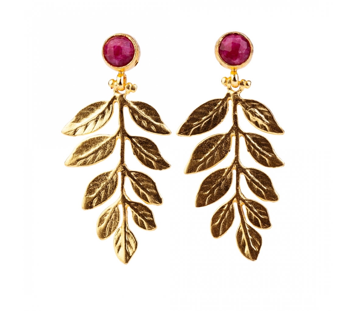 Goldplated bronze twig earrings with red jade - 1