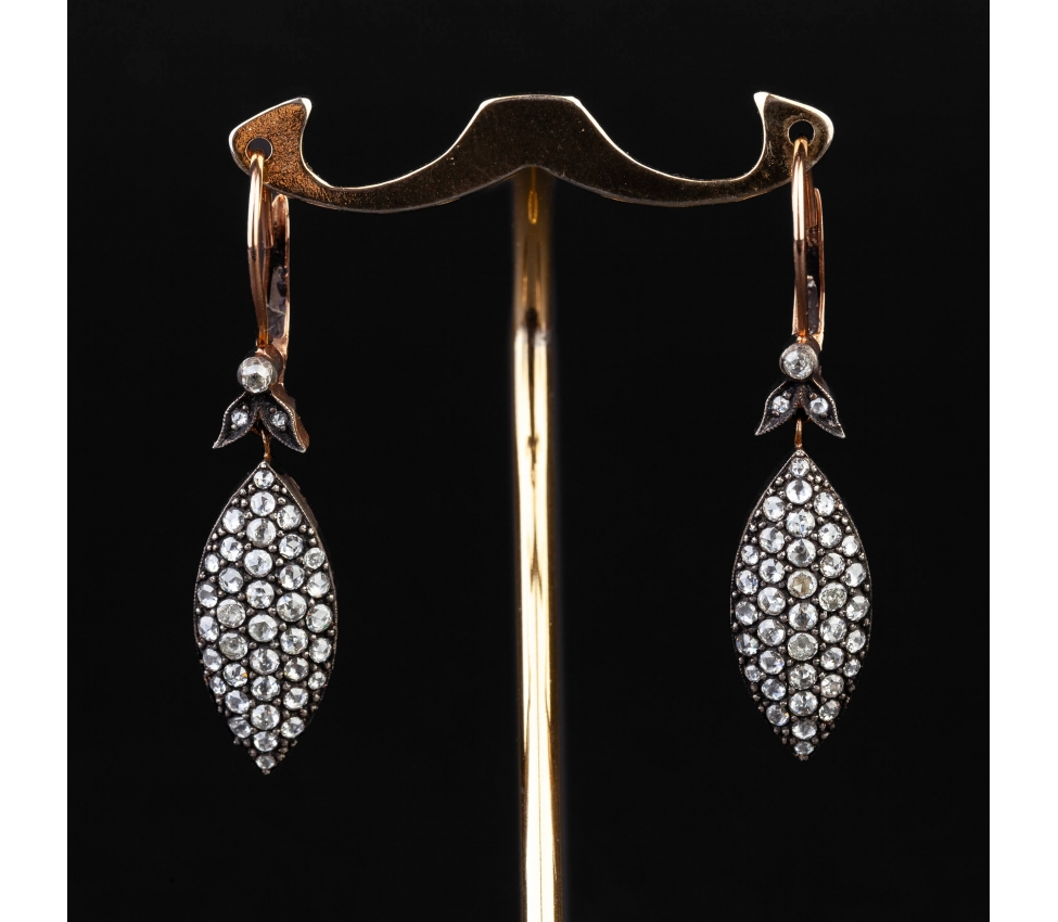 Gold vintage earrings marquise with diamonds - 1