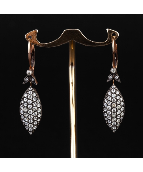 Gold vintage earrings marquise with diamonds - 1