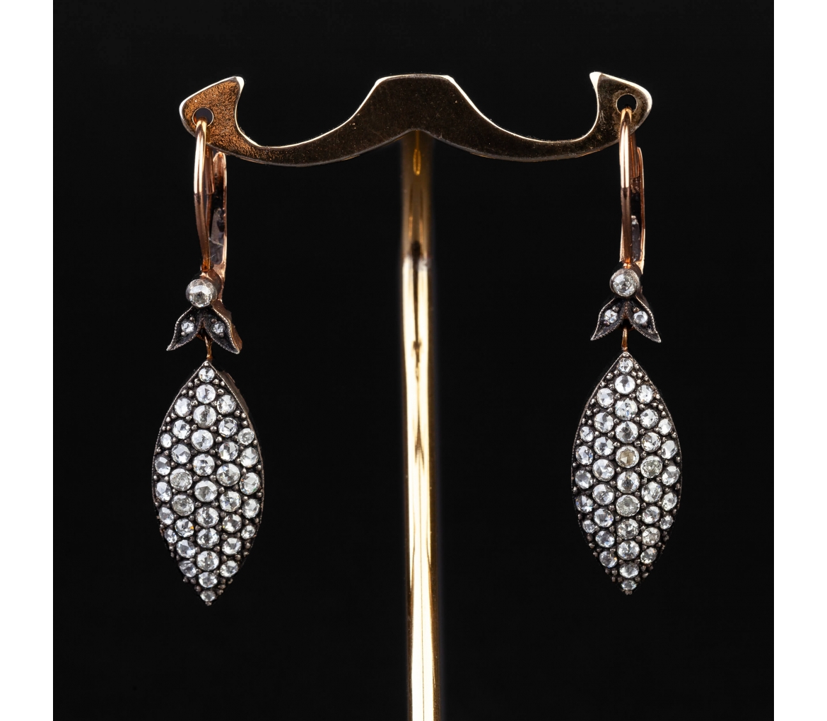 Gold vintage earrings marquise with diamonds - 1