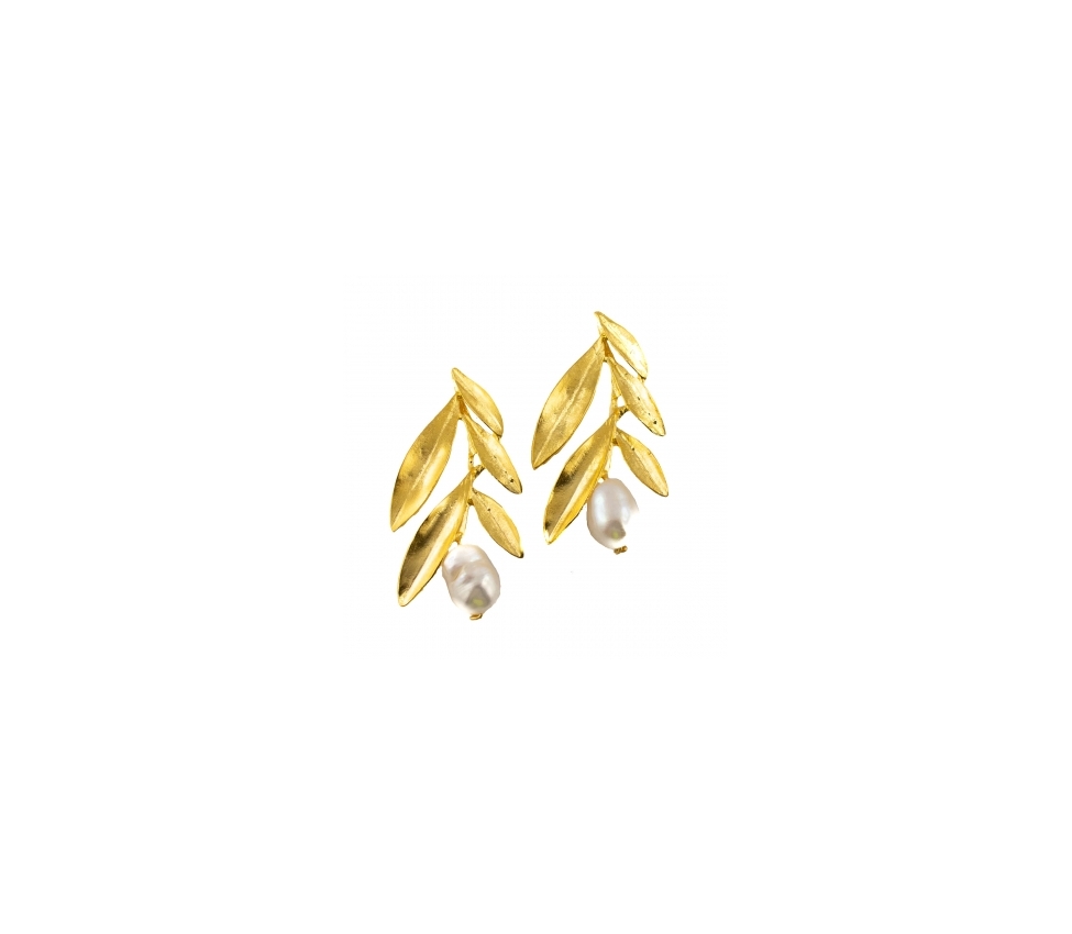 Goldplated bronze earrings with pearls and floral motif - 1