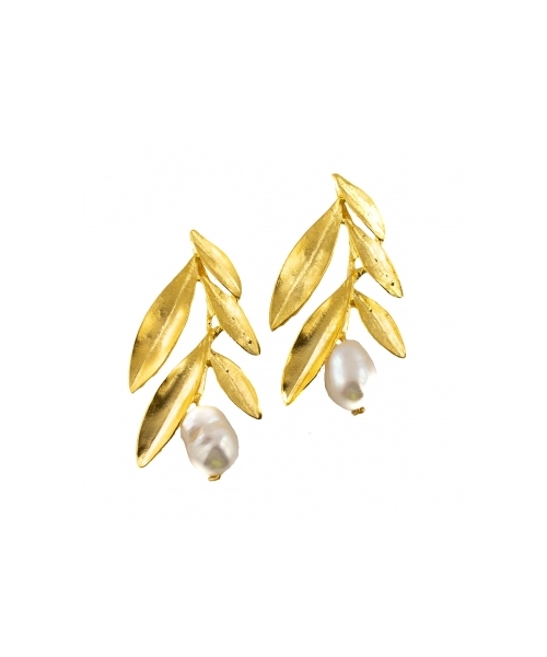 Goldplated bronze earrings with pearls and floral motif - 1