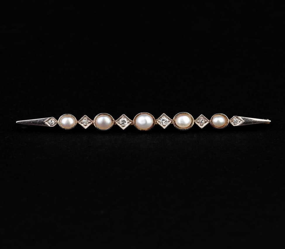 14K Gold, Pearl and Diamond Brooch, 40s-50s - 1