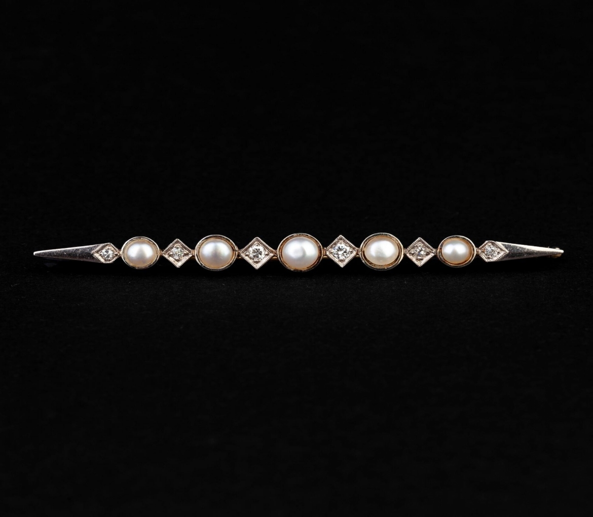 14K Gold, Pearl and Diamond Brooch, 40s-50s - 1