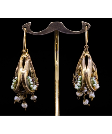 12K Gold, Pearl and Gemstone Chandelier Earrings, XIX century - 1