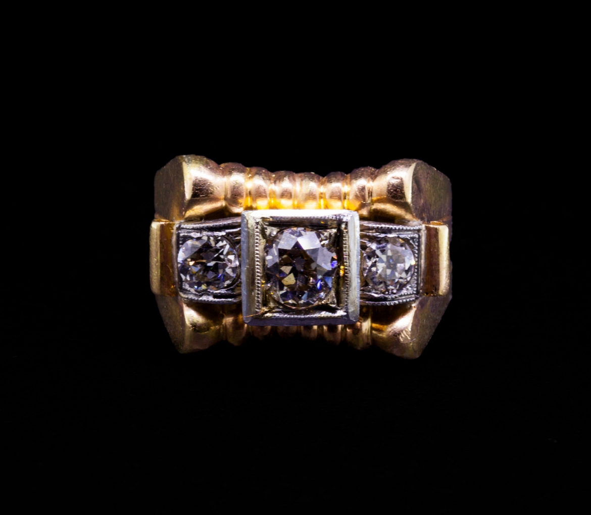 Pierścionek "Tank" z diamentami w starych szlifach 0,75 ct, Art Deco, Złoto 750 - 1