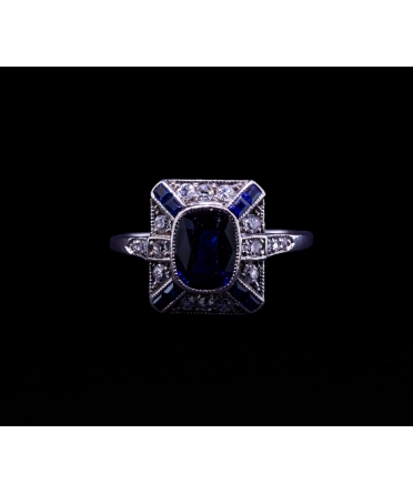Platynowy pierścionek Art Deco z szafirem i diamentami, lata 20-te XX w. - 1