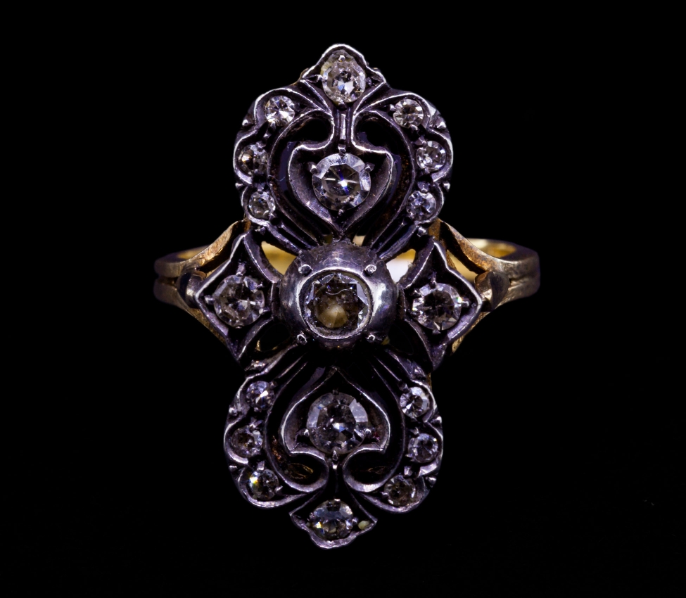 Pierścionek z diamentami, Vintage, Włochy, Złoto 750, Srebro - 2