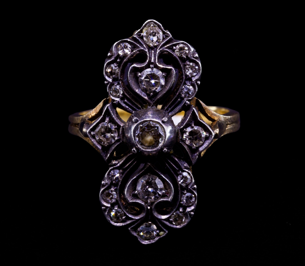 Pierścionek z diamentami, Vintage, Włochy, Złoto 750, Srebro - 2
